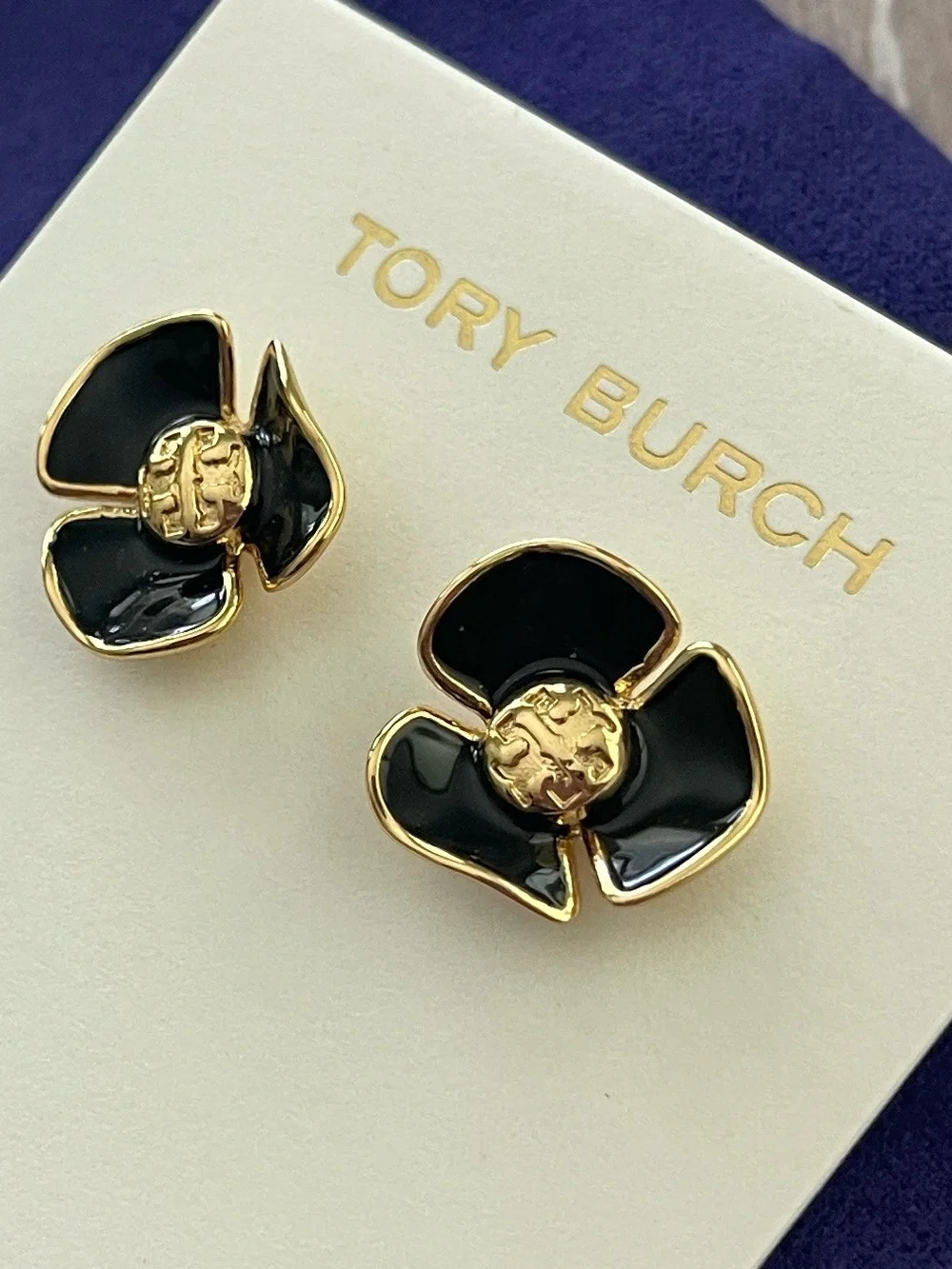 $235 New, Authentic Tory Burch Flower Black Enamel Gold TB Logo Stud Earrings